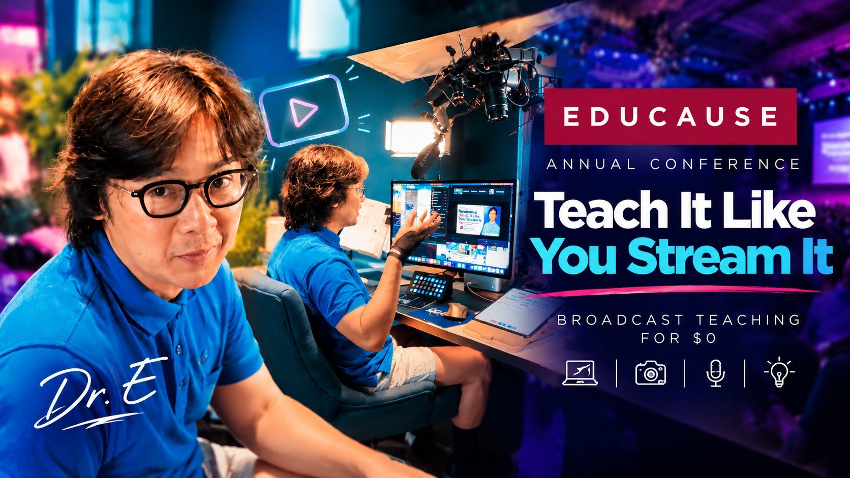 Dr. Peter Esperanza at his streaming desk, presenting Teach It Like You Stream It for the EDUCAUSE Annual Conference 2026 Online