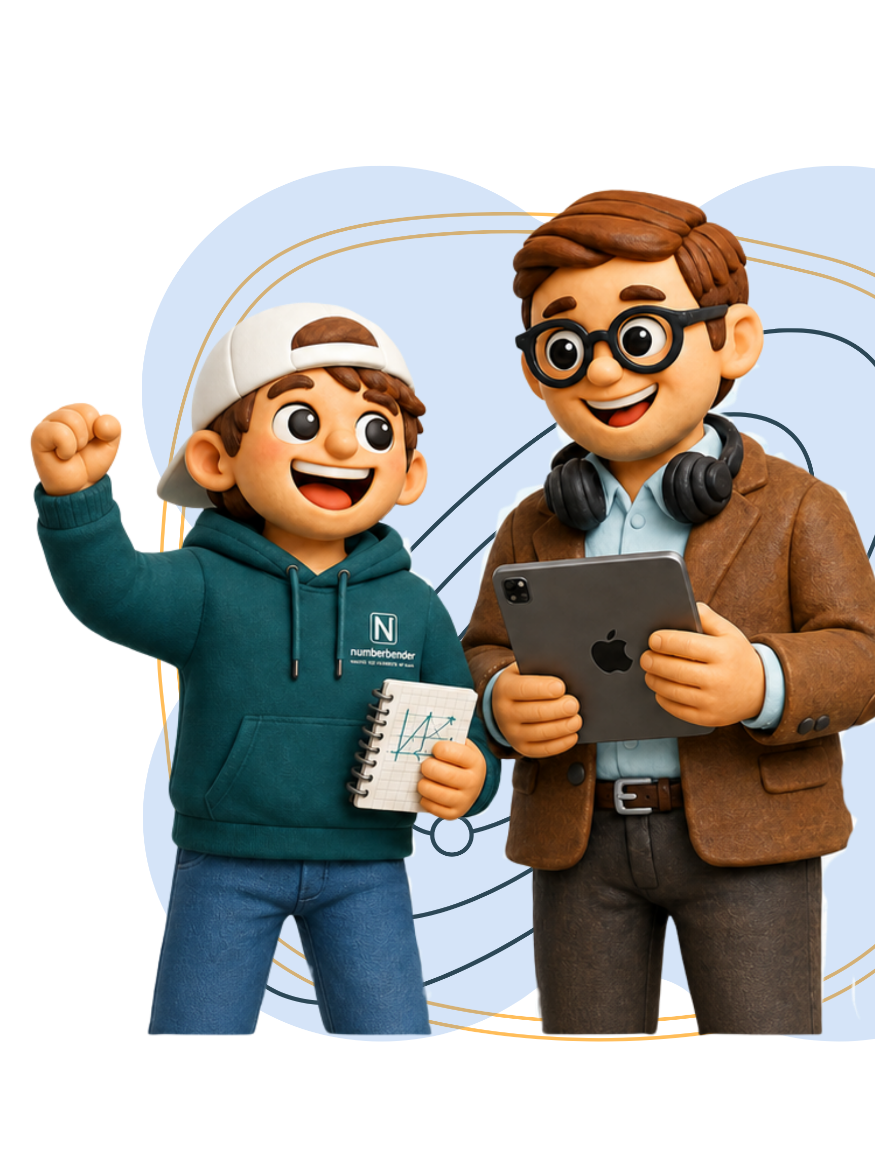 Numberbender characters — a young learner and Dr. E
