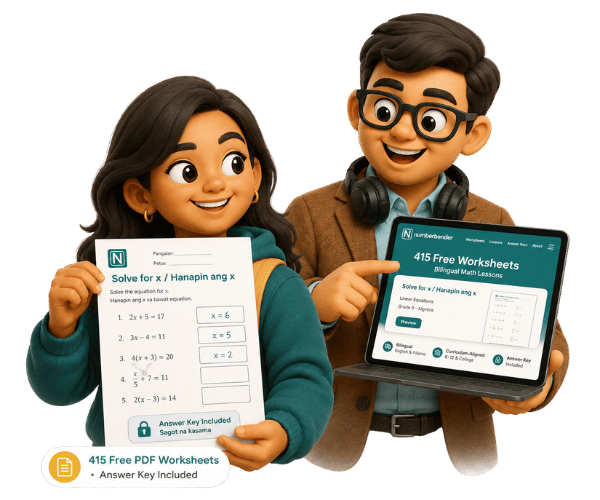 Student with bilingual math worksheet and Dr. E with laptop showing Numberbender