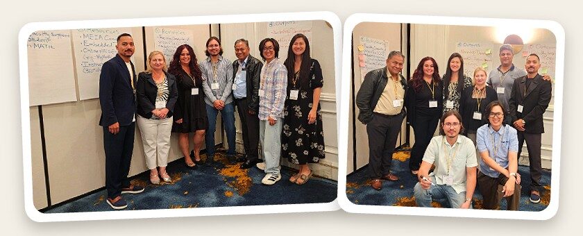 Barstow Community College math faculty and team at the CCCCO Math Equity in Action Academy convening, in front of AB 1705 planning charts
